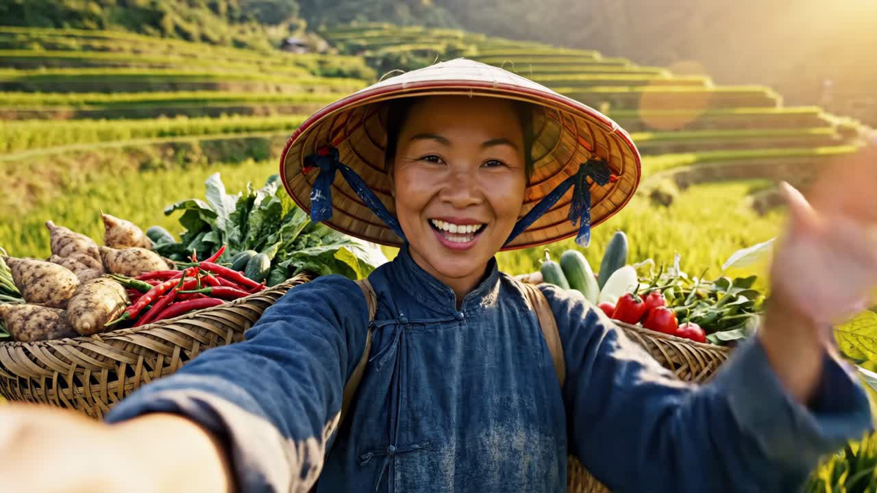 Happy Vietnamese Farmer Harvesting Vegetables in Rice Terraces