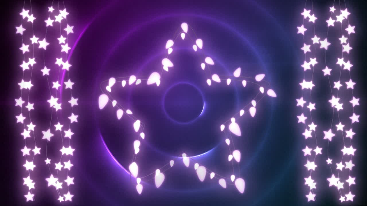 박동하는 보라색 원에 복사 공간과 함께 과 별 프레임을 형성하는 요정 불빛의 애니메이션