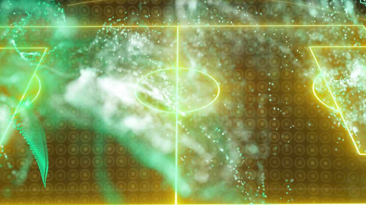 animación abstracta de partículas y líneas brillantes sobre el diseño del campo de fútbol