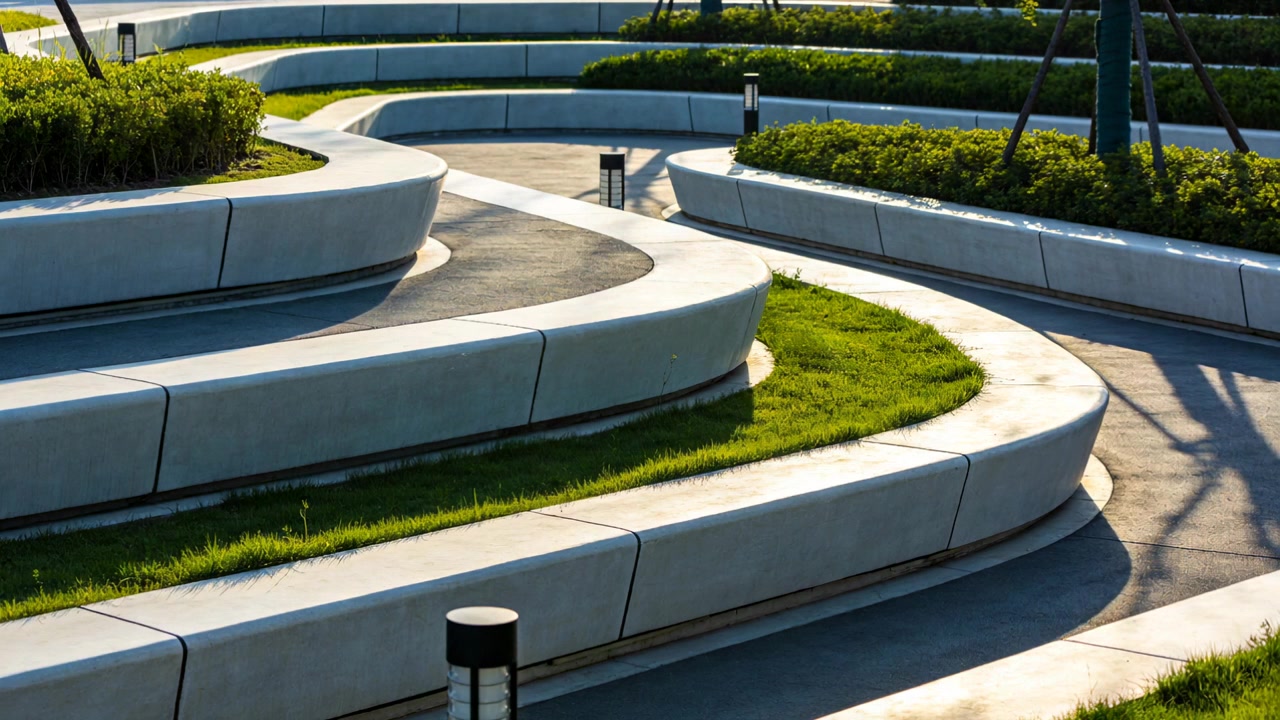 Telecamera fissa che riprende terrazze curve che occupano il centro della piazza, catturando le ombre del sole e i dissuasori.