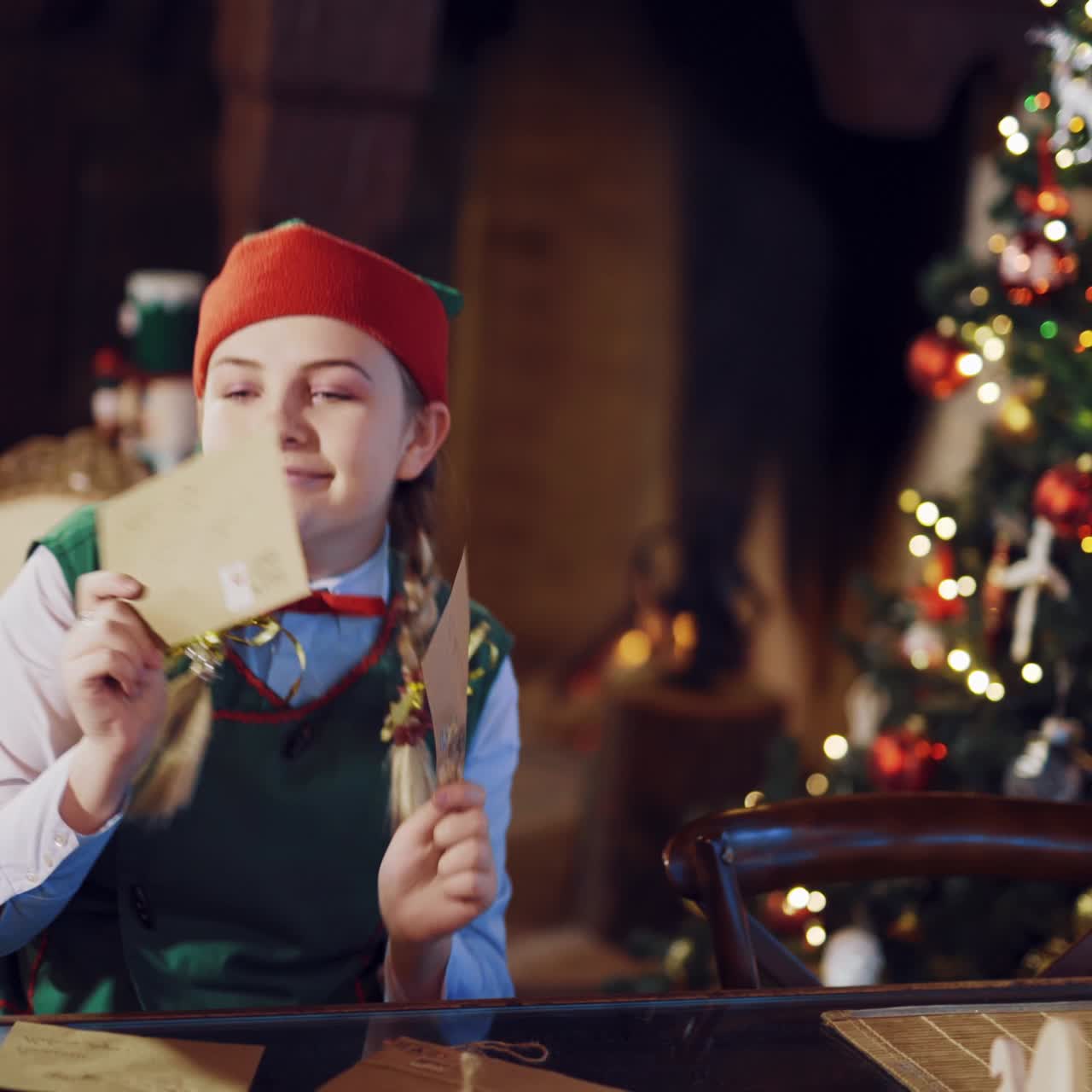 A happy elf is sitting at the table and dancing with two envelopes in her hands on the background of a fireplace and a Christmas tree. Blurred Background