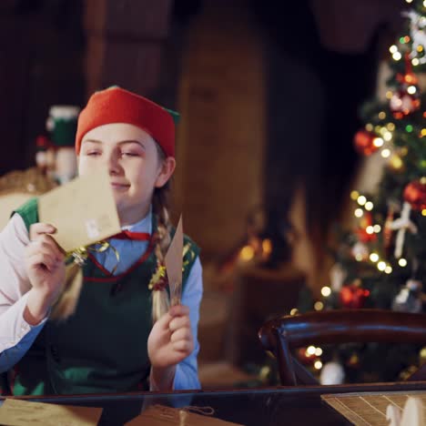 a happy elf is sitting at the table and dancing with two envelopes in her hands on the background of a fireplace and a christmas tree. blurred background