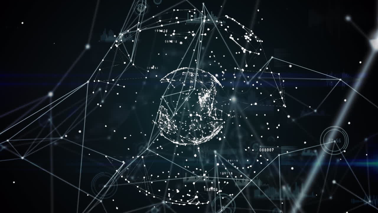 animación de la red de conexiones e iconos sobre un fondo oscuro