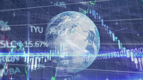 animation of statistics and binary coding, data processing over globe