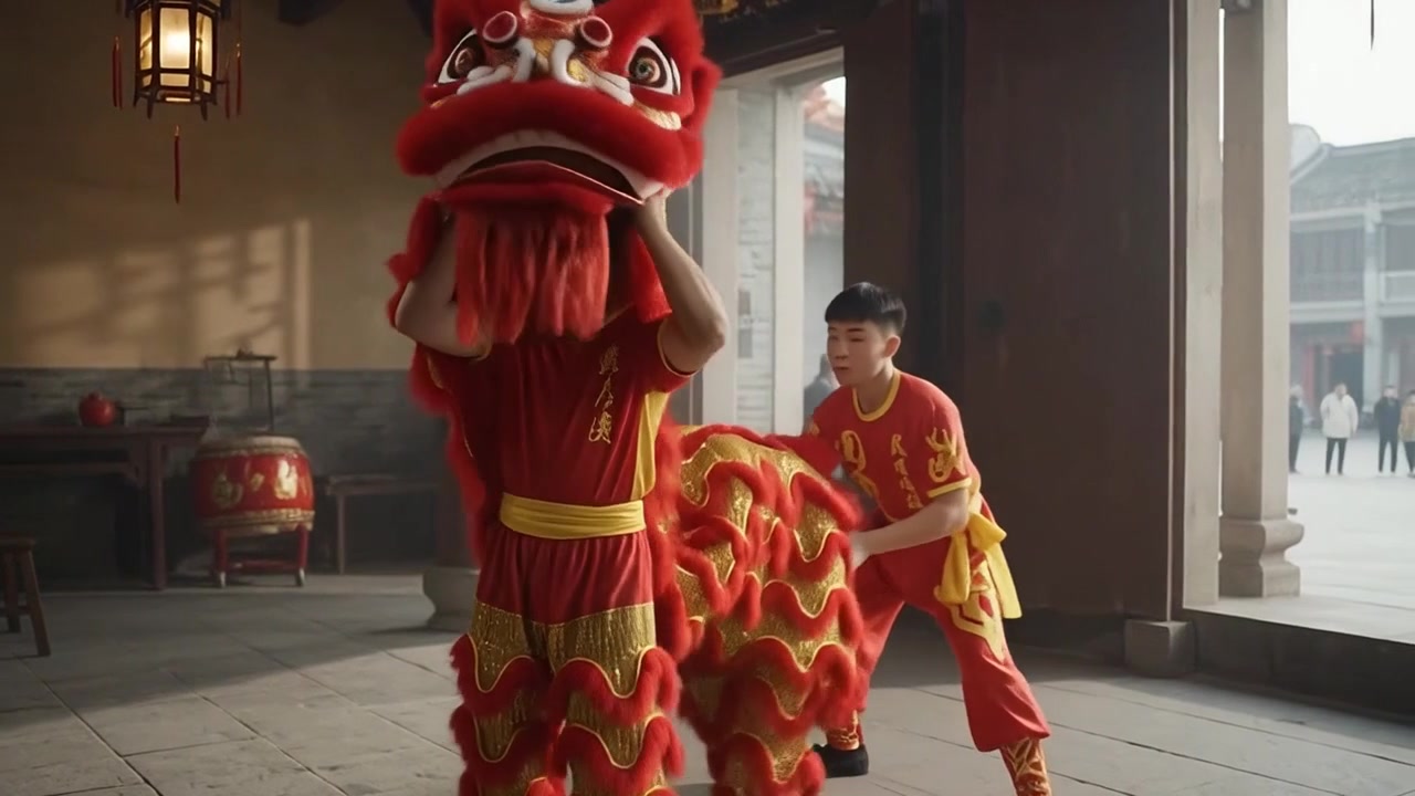 Artistas praticando a tradicional dança do leão chinês em um pátio