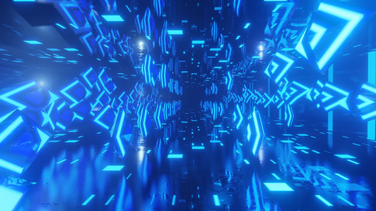 volar a través del ciberespacio tecnológico con brillo de neón. vuelo de ciencia ficción a través del túnel de tecnología de alta tecnología. holograma y luz de neó. 3d en bucle sin costuras 4k fondo brillante. flujo de datos, bloques de metal en el aire