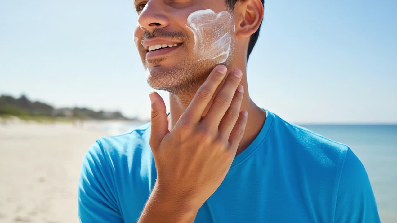 Enjoying a Sunny Day at the Beach, a Man Applies Sunscreen to Protect His Skin, Embracing Outdoor Fun with a Smile, Ready for a Day Under the Sun