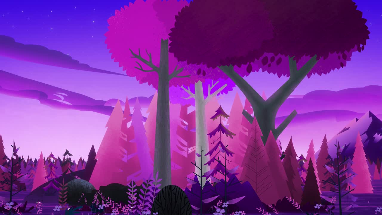 vista de un grupo de árboles en un bosque de coníferas de noche púrpura-rosa. la atmósfera única de cuento de hadas del mundo mágico.
