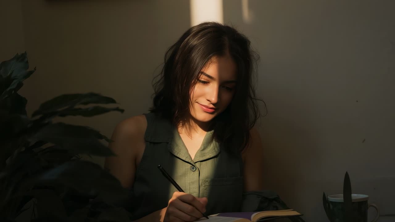 Un raggio di sole sul viso di una donna adulta mentre prende appunti, inclinando la testa e facendo una pausa.