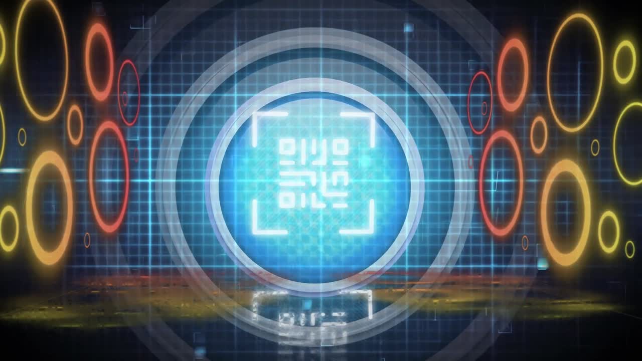 Animation of neon circles, heart rate lines and qr code on black and blue background