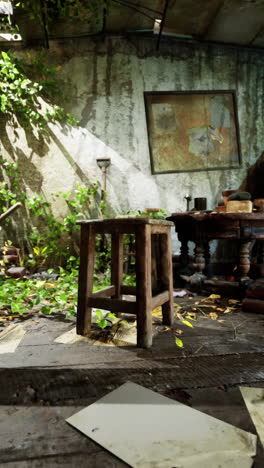 an overgrown abandoned room with a wooden stool