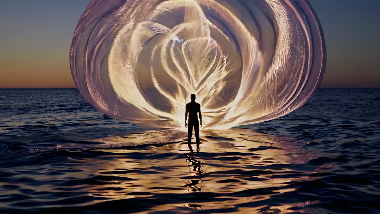 Silhouette Of Person Facing Abstract Waves