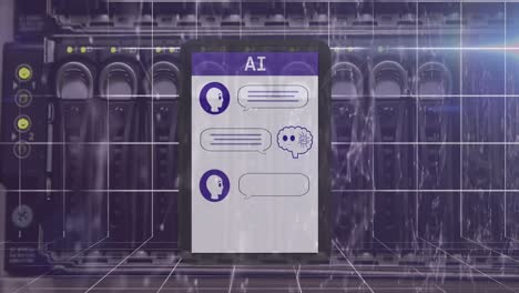 animation of ai text and icon, data processing over computer server