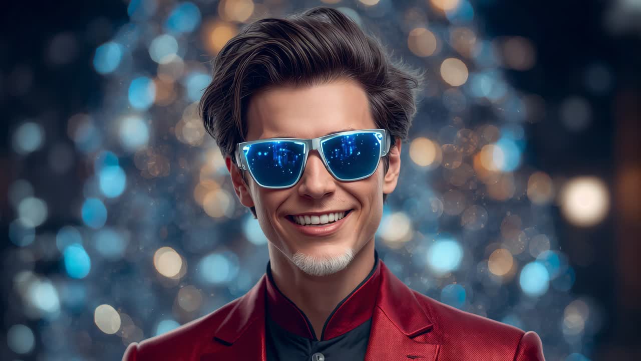 Capturing male staring, shifting smile into smirk on studio set posing with sunglasses, red blazer