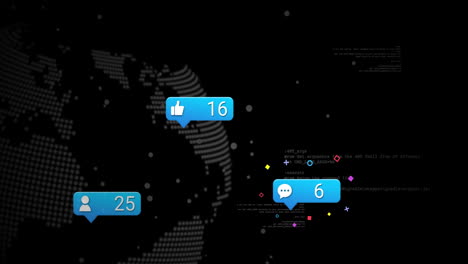 animation of digital data processing and globe over black background