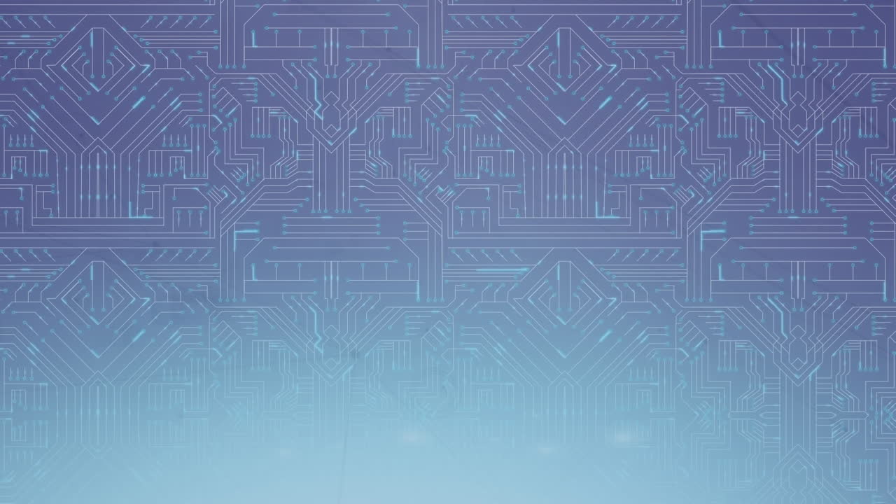 animación de rastros de luz sobre conexiones de microprocesador contra un fondo azul gradiente.