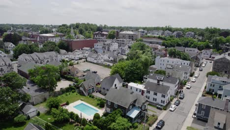 aerial view over a residential area in the townscape of sunny plymouth, usa