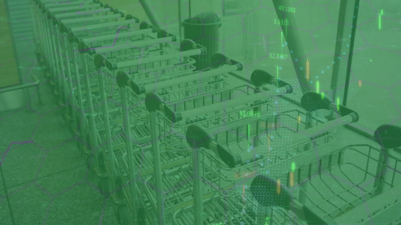 Animation of financial data processing over shopping trolleys