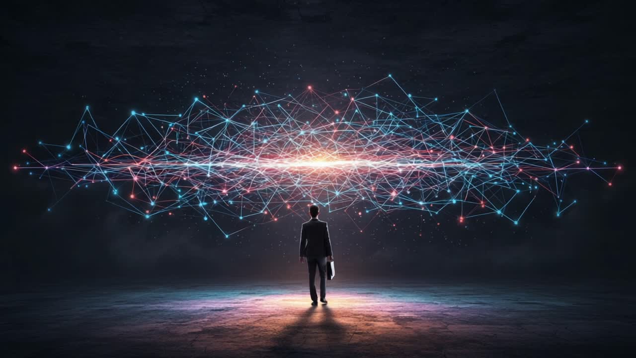 A Business Professional Stands in Awe Beneath a Stunning Display of Vivid Geometric Patterns and Illuminating Light, Symbolizing Innovation and Connectivity in a Digital Age