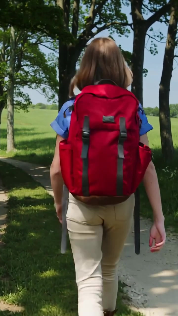 Vertical video: Path curving ahead leading woman walking rural trail in blue tee and red backpack