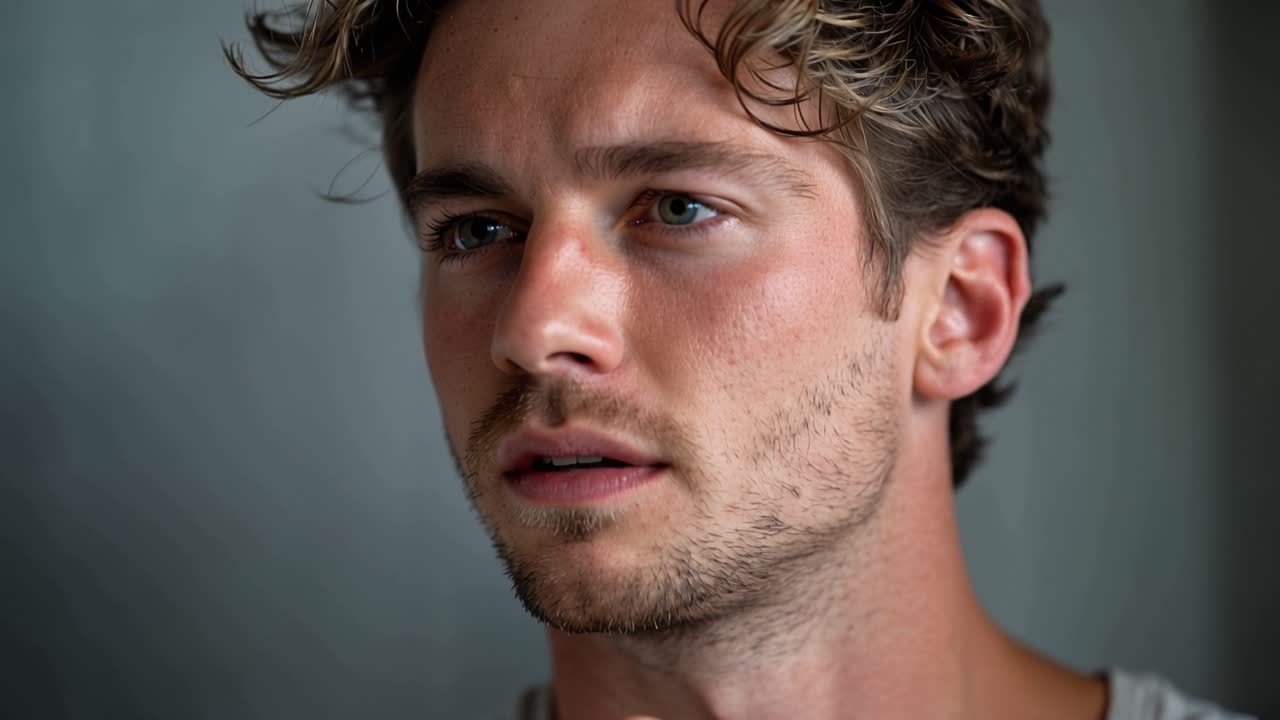 Young man grips his forehead, eyes closed. He appears weary, troubled, or exhausted. Soft lighting highlights his thoughtful expression. Ideal for portraying stress, fatigue, or introspection