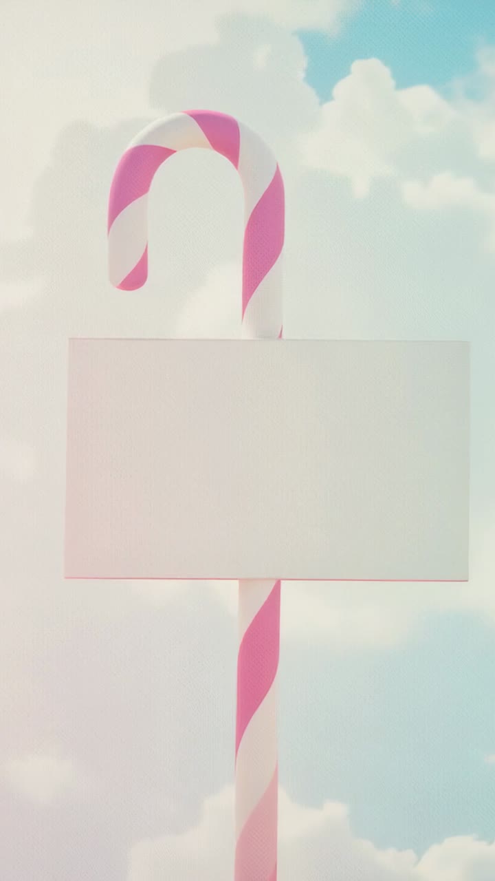 Vertical video: Emerging candy cane hook initiating blank white sign growing against pale blue sky