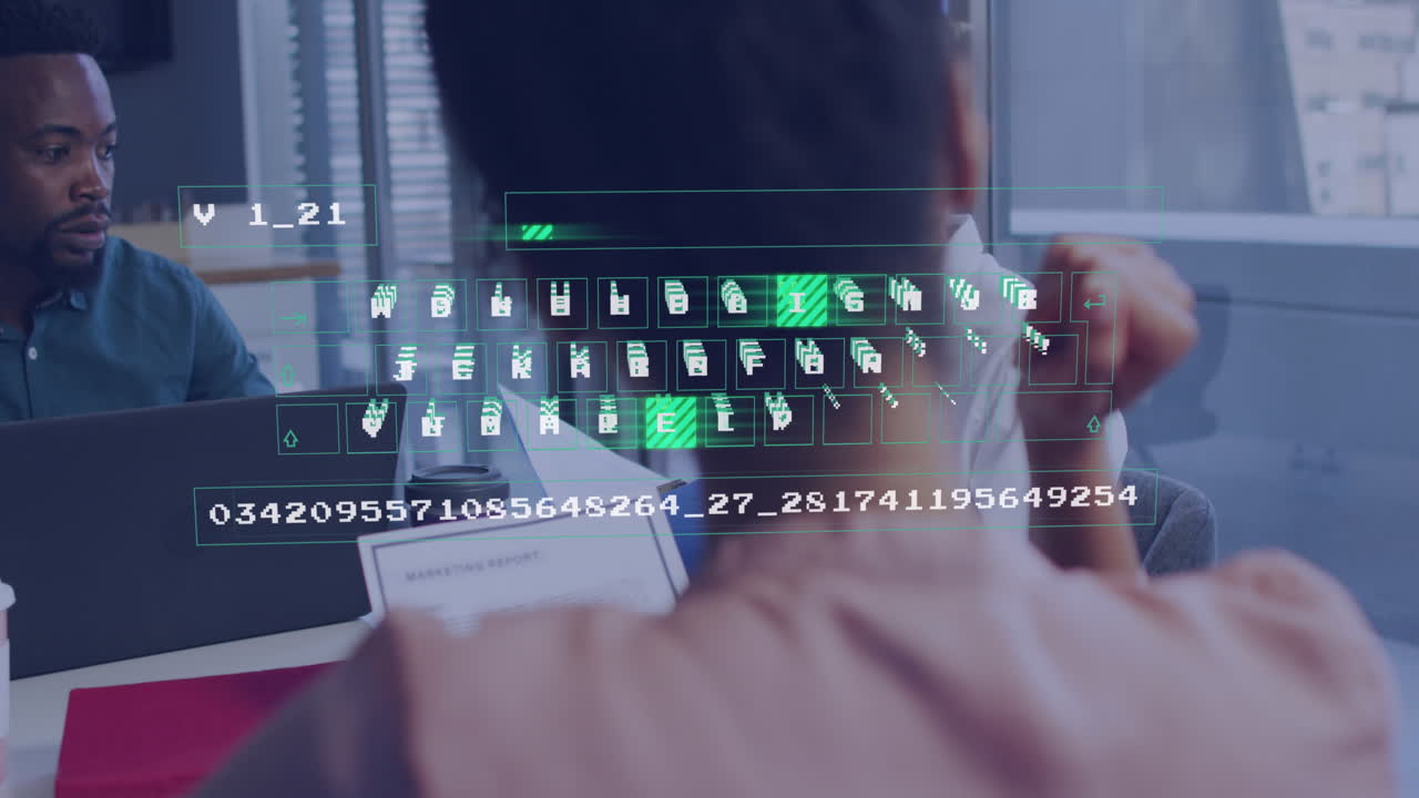 Animation of data processing over diverse people in office