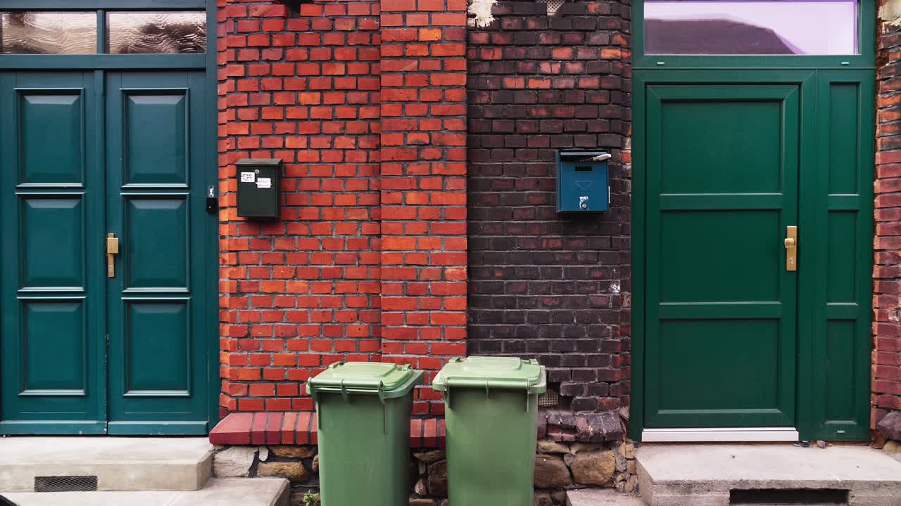 Connected brick houses of a 19th-century workers' colony in Ostrava Vítkovice, featuring dual entrance doors