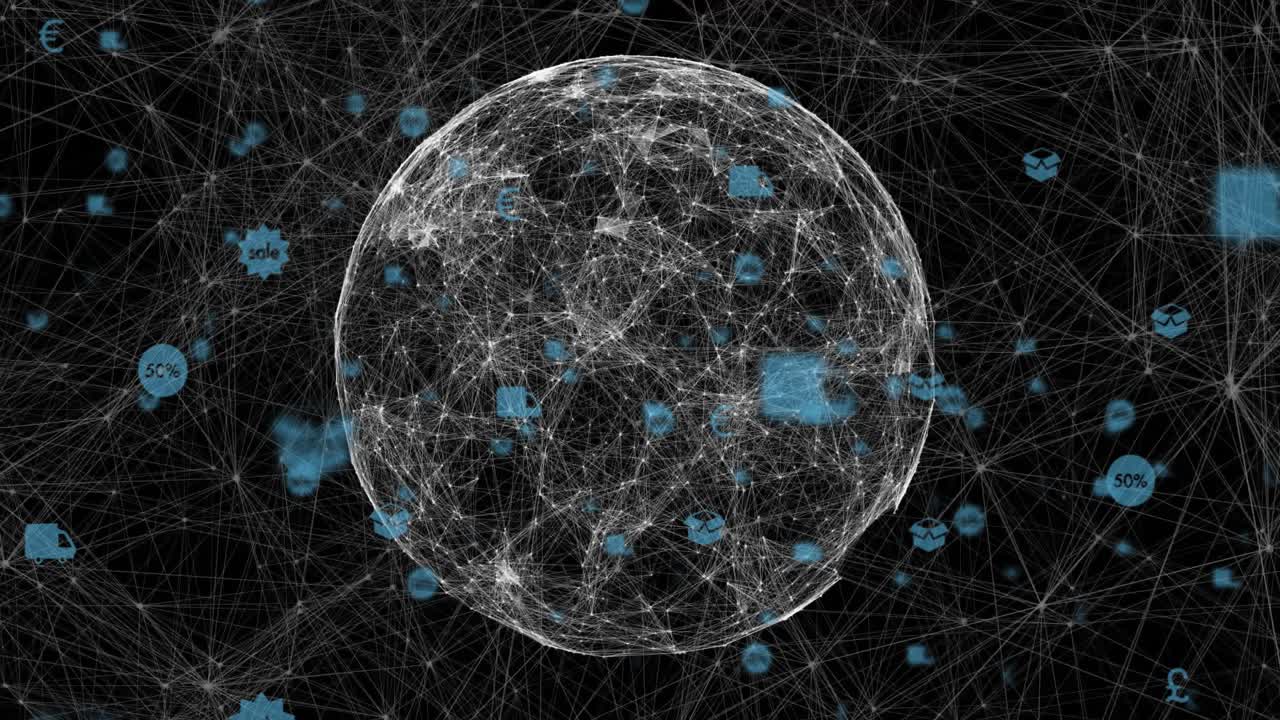 opening in dark void mesh sphere rising commerce icons orbiting dispersing fading visualizing links