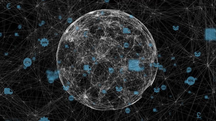 opening in dark void mesh sphere rising commerce icons orbiting dispersing fading visualizing links