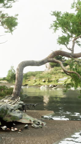 tranquil lake scene with a bent pine tree