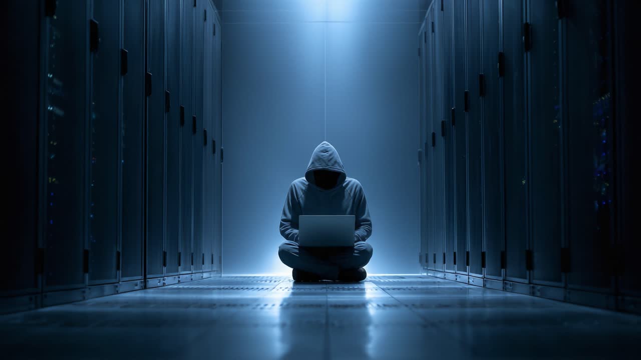 冷たい青い光に照らされたデータセンターに座り、ラップトップに集中する神秘的な人物。サイバー探索とデジタルの孤独というテーマを体現しています。