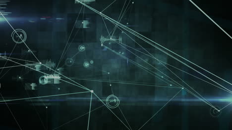 Animation of connected dots with changing numbers in circles, graph icons over abstract background