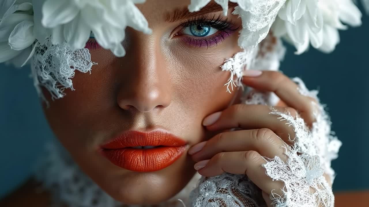 A woman with white flowers on her head and orange lipstick