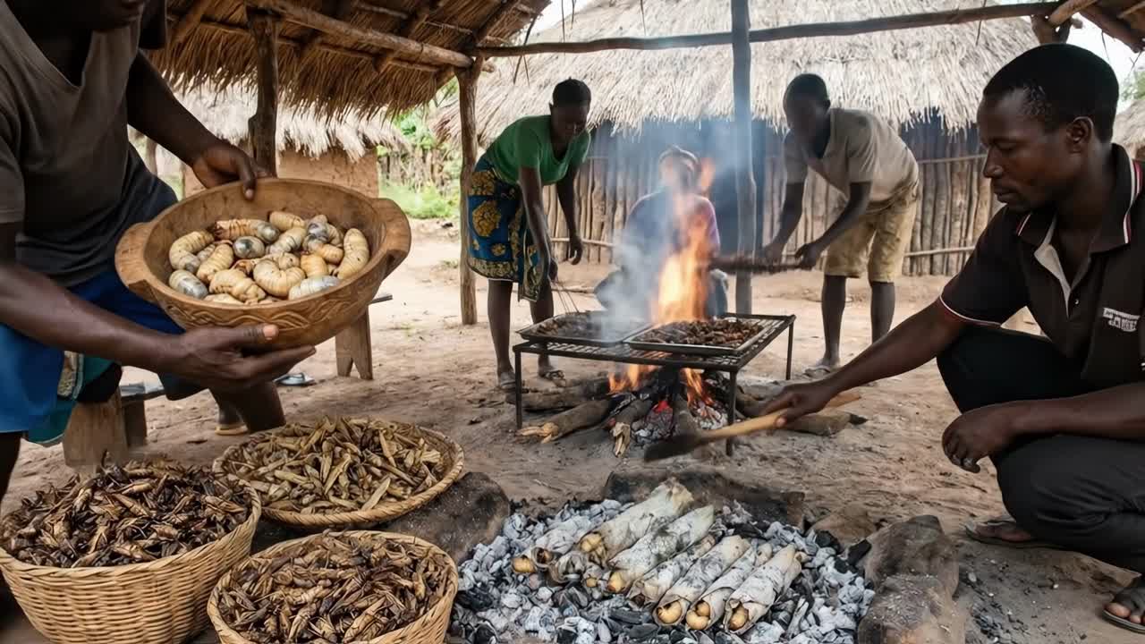 Orang-orang memasak serangga dan cacing di desa tradisional Afrika