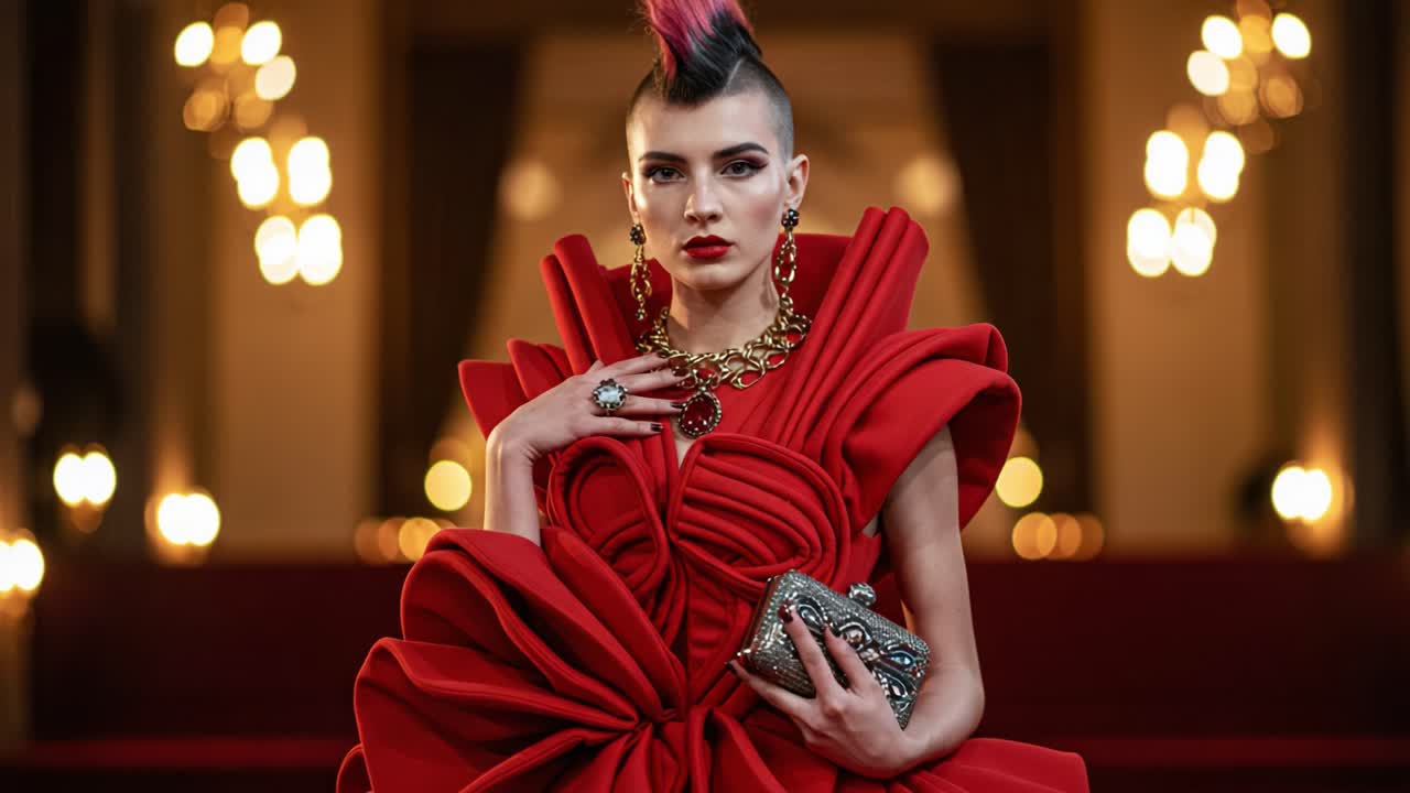 A Stunning Fashion Statement Unfolds: A Bold and Creative Model Showcases an Eye-Catching Red Dress with Unique Textures and Accessories at a Glamorous Event
