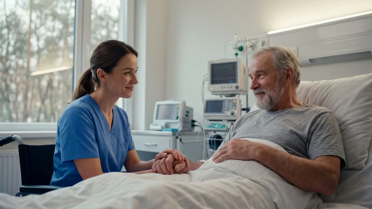 Reaching across hospital bed, nurse in blue scrubs holding senior patient hand, soothing with IV