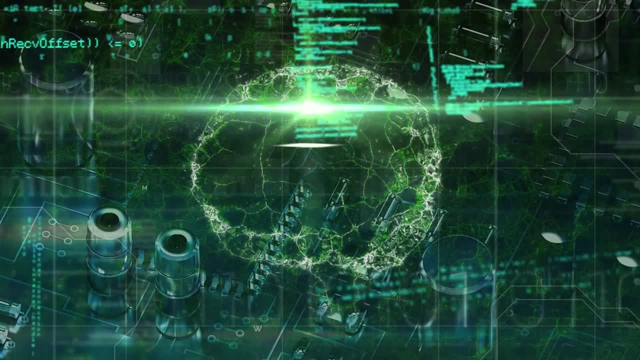 animación del procesamiento de datos con placa de circuito de computadora y cerebro humano