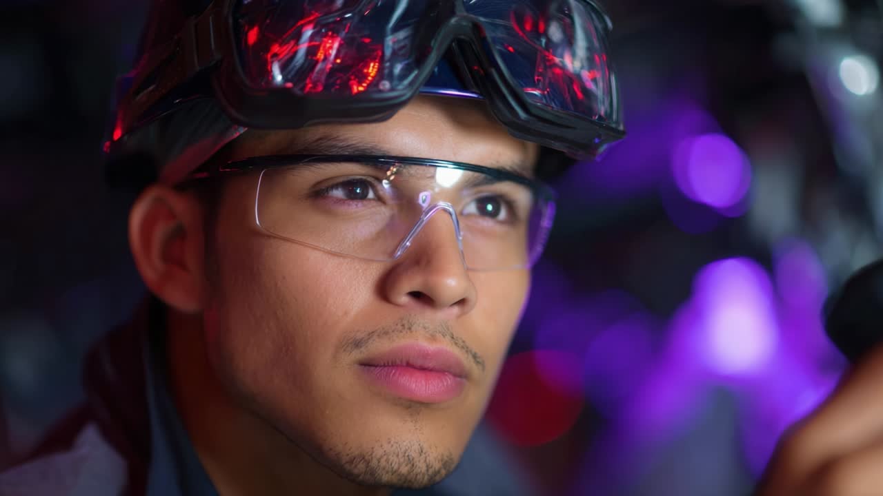 Focused technician wearing safety goggles and protective eyewear, with a background featuring a mix of vibrant lights creating an innovative atmosphere, showcasing dedication to technology and precision