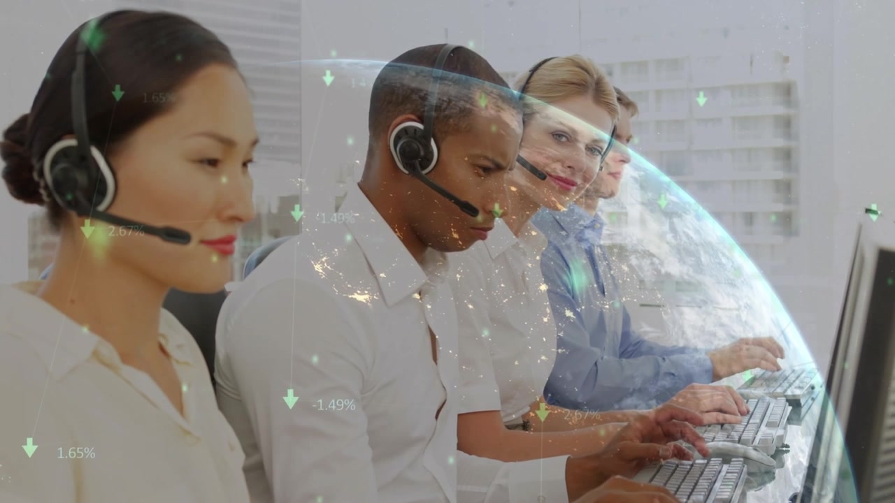 Animation of globe and data over diverse business people using phone headsets