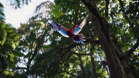 low-angle video capturing a vibrant parrot perched on a tree branch in a lush jungle