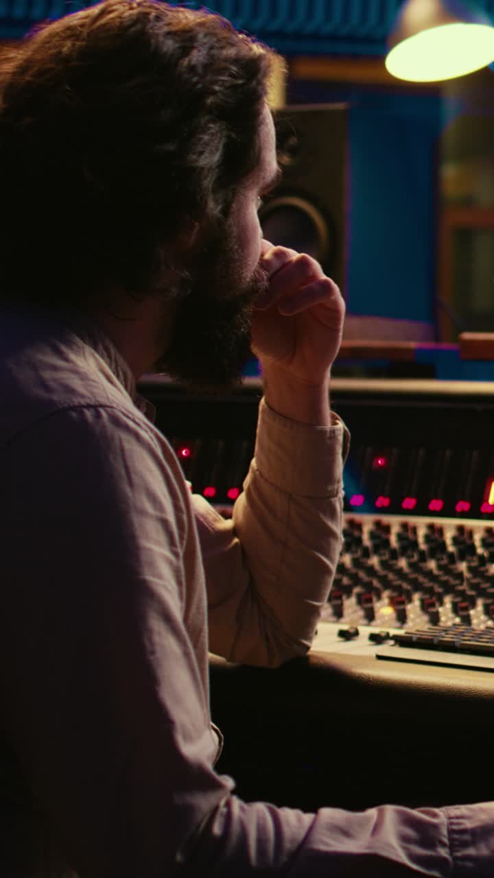 Miespuolinen audioinsinööri työskentelee miksauspöydän ääressä äänitysstudiossa