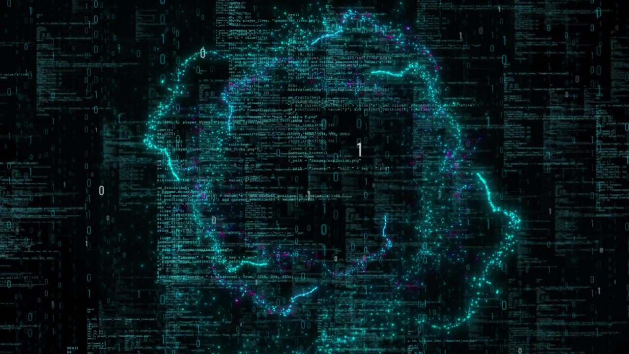 Cyber world data sphere visual with glowing teal globe lines code panels and falling binary numbers