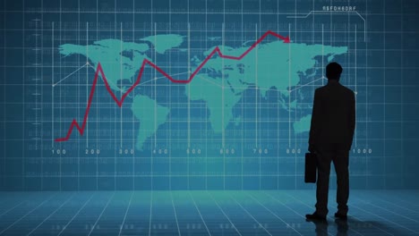 animación del procesamiento de datos financieros sobre el hombre de negocios y el mapa del mundo.