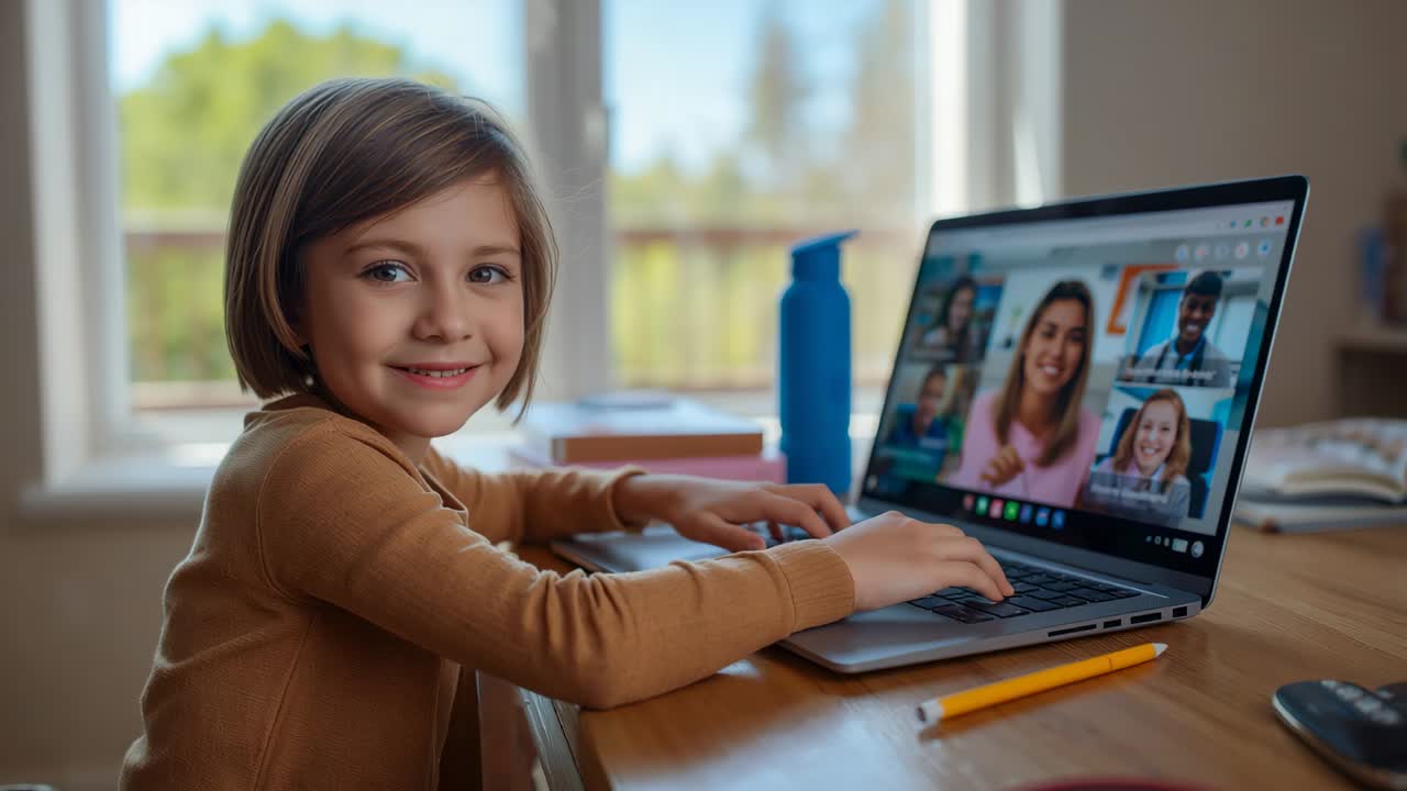 Typing schoolgirl in brown shirt at table by window after call appearing on laptop, with pencil
