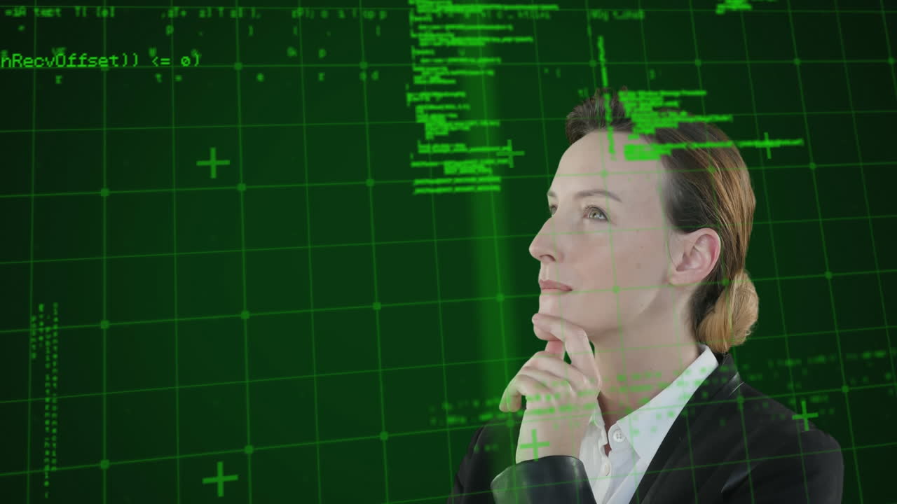 animación de una mujer caucásica pensando en datos y números flotantes