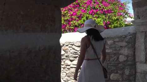 revelación de diapositivas de una chica con un hermoso vestido blanco de verano caminando por un arco en un callejón con flores en el fondo