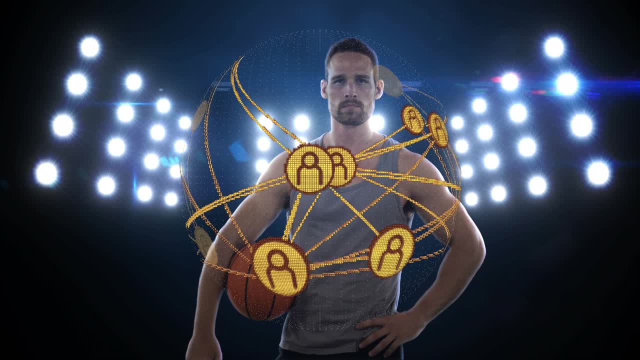 Atleta masculino segurando uma bola de basquete, com nós digitais aparecendo e formando uma rede giratória ao redor do torso para análise.