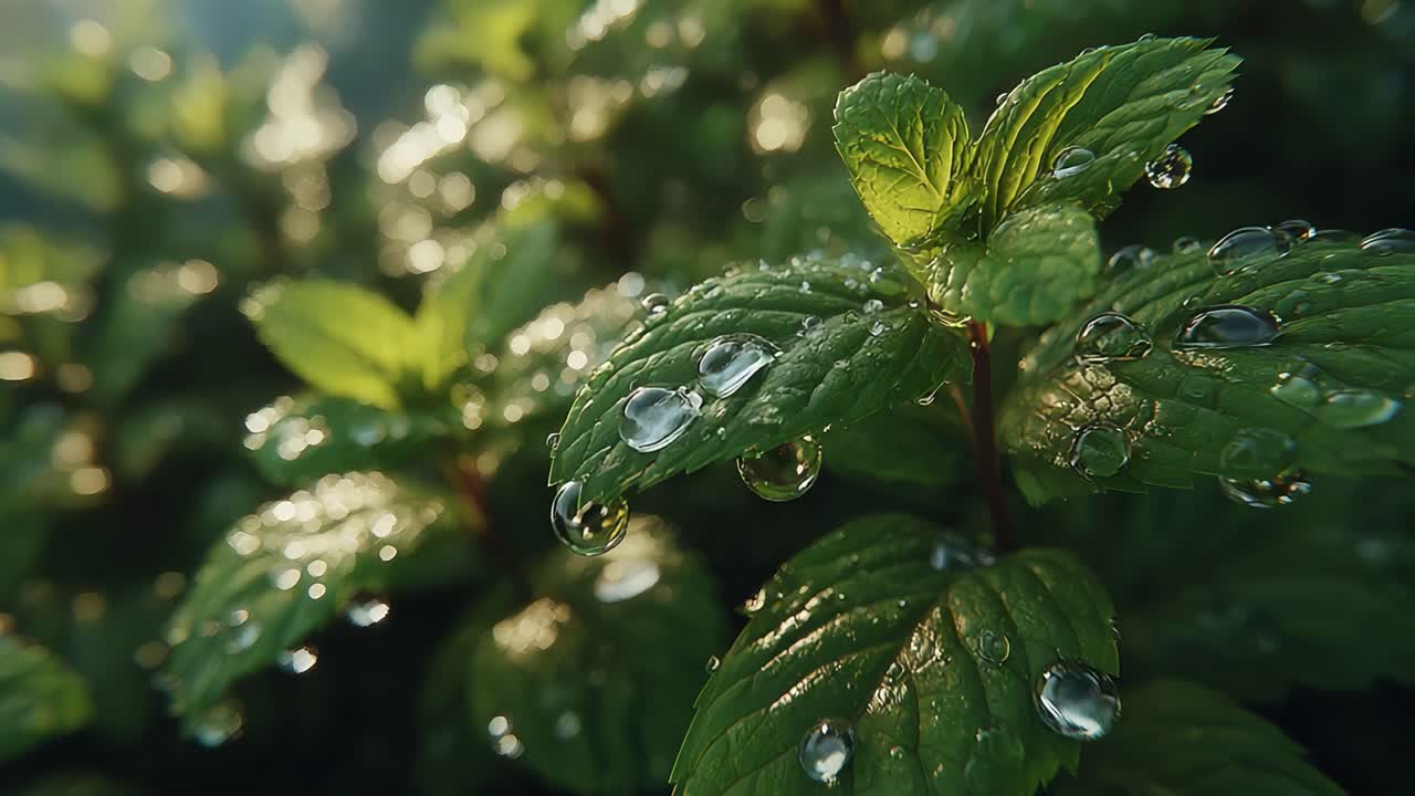 Close-up of Fresh Green Leaves with Water Droplets Captured in Soft Natural Light, Highlighting the Beauty of Nature and the Richness of Plant Life