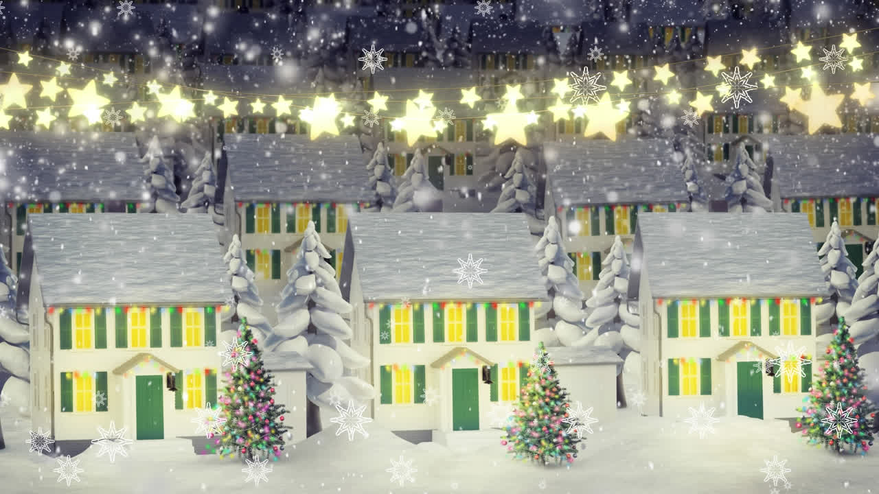 겨울 도시 풍경 위에 떨어지는 눈송이의 애니메이션